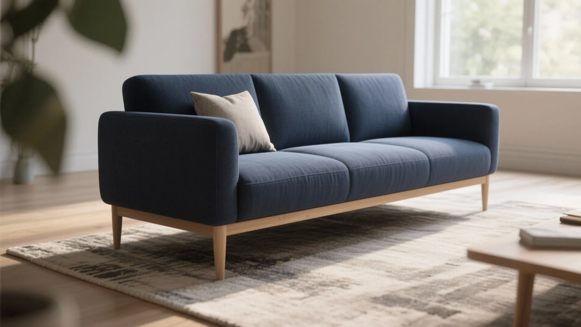 1. Compact navy sofa with light wood accents