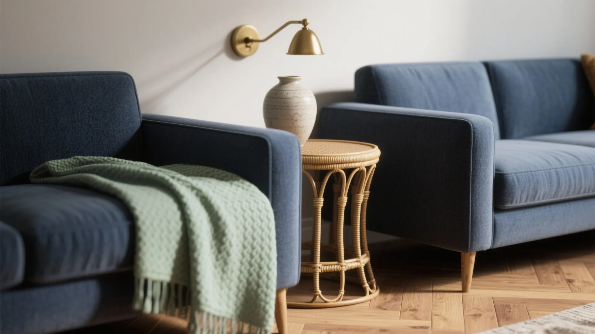 1. Anchor with a Muted Navy Sofa