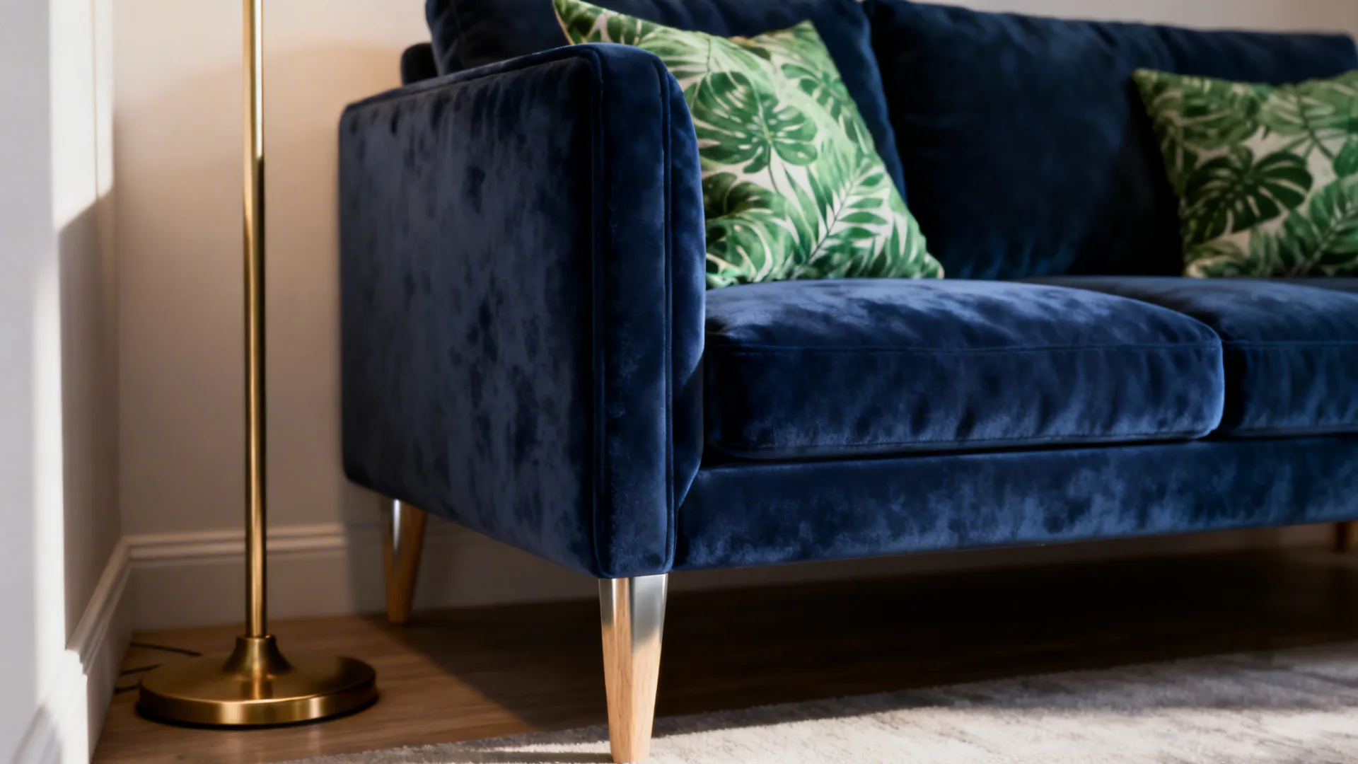 Close-up of a navy velvet sofa with green botanical cushions and brass lamp base