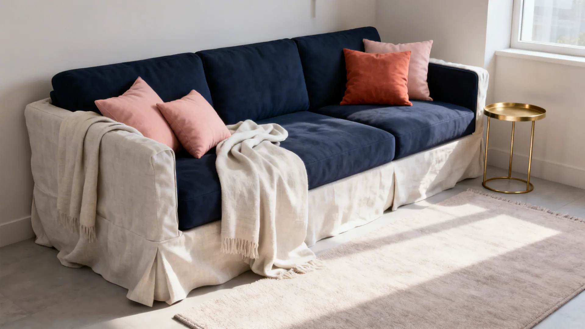 2. Navy Sofa + Light Textiles
