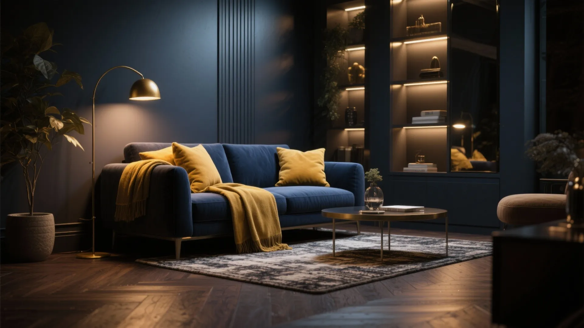 2. Deep Navy Sofa Anchored by Mustard Accessories