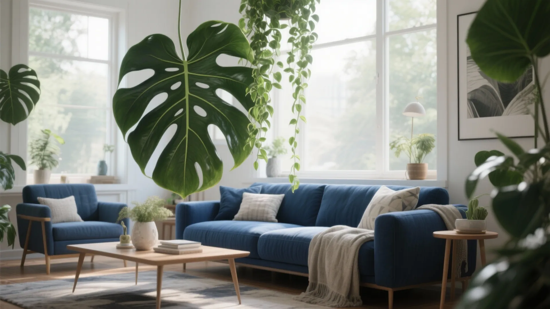 Modern blue sofa in bright room with many green indoor plants and wooden coffee table