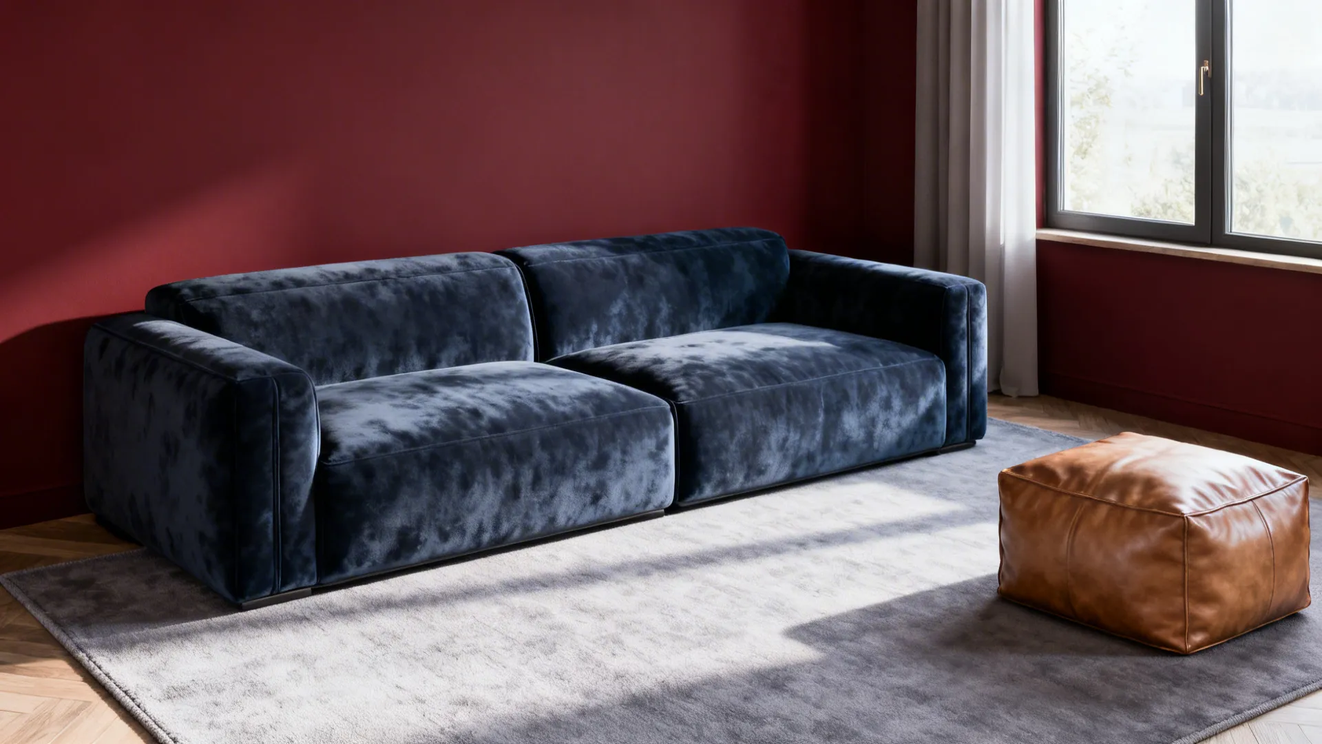 Navy velvet sofa providing a calm counterpoint in a small room with red walls