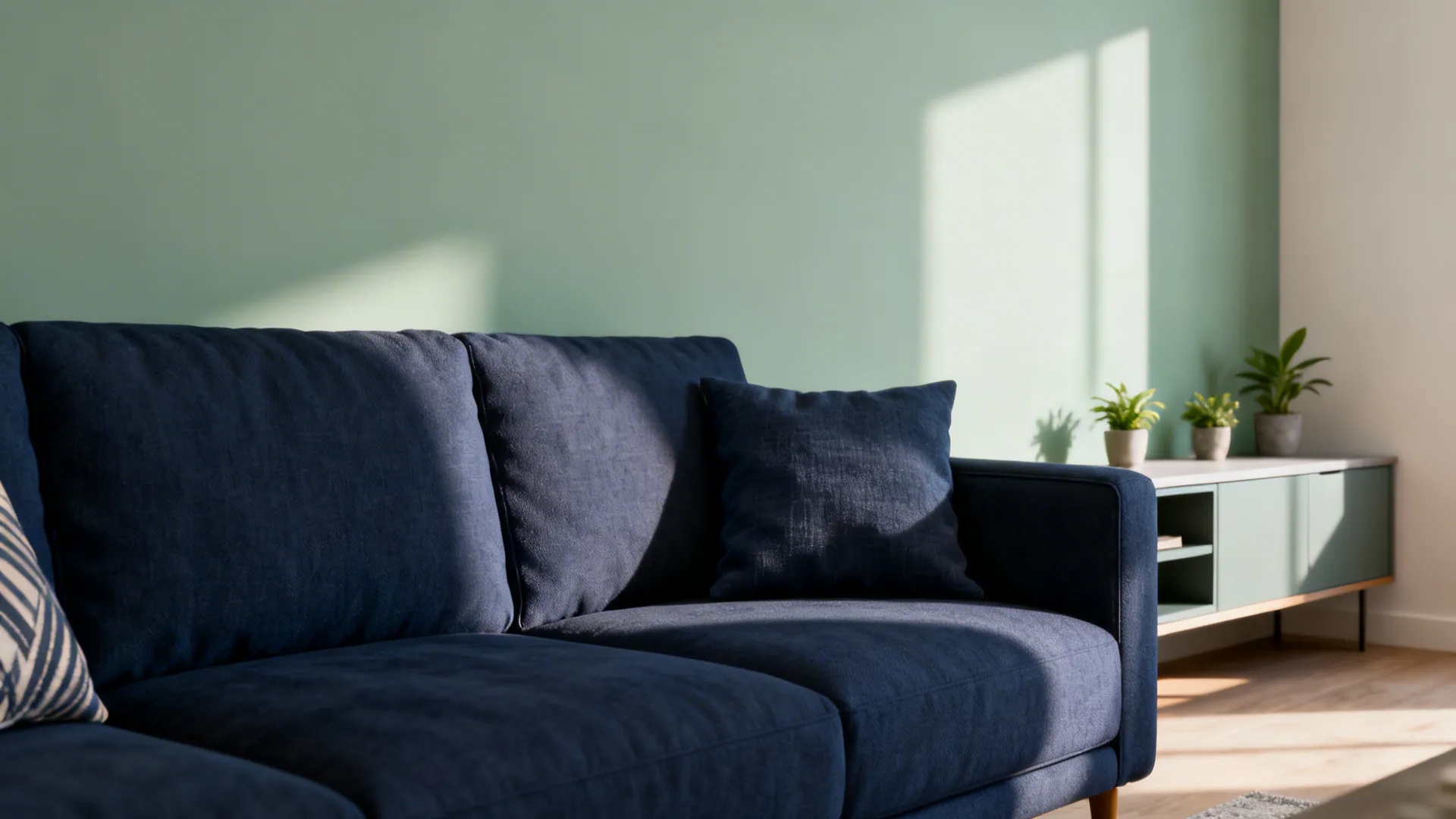 Modern navy blue sofa in front of a light green wall with small potted plants