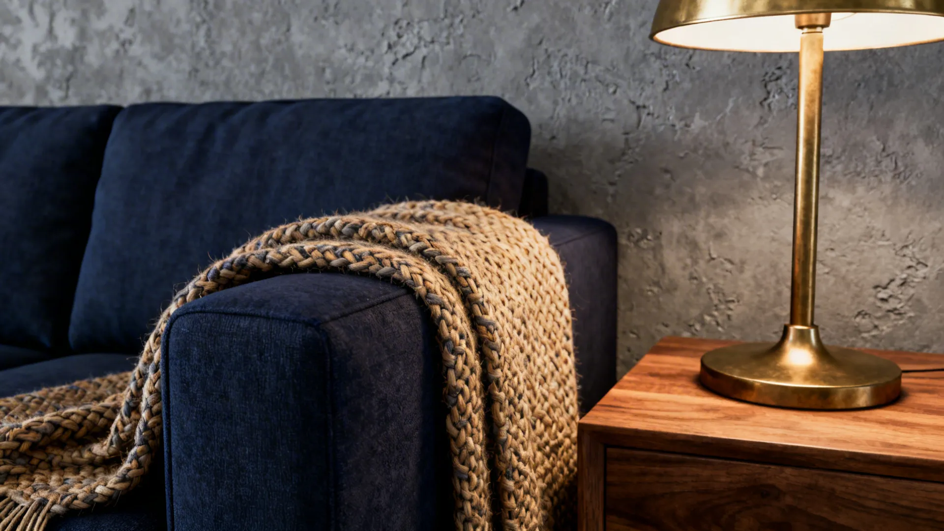 Close-up of a navy sofa set against textured grey plaster with oak table and woven throw.
