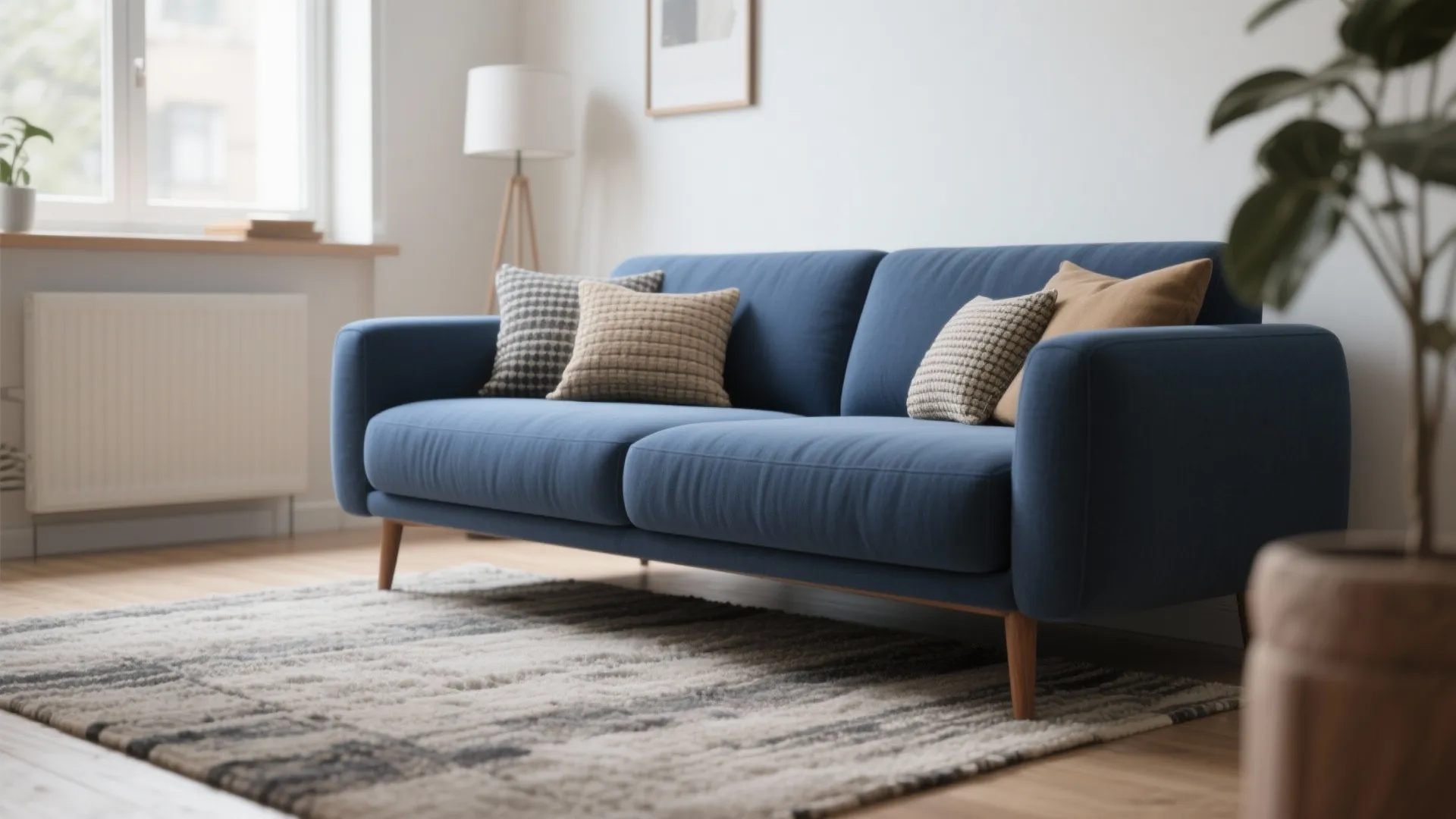 1. Minimalist Navy Sofa with Wooden Accents