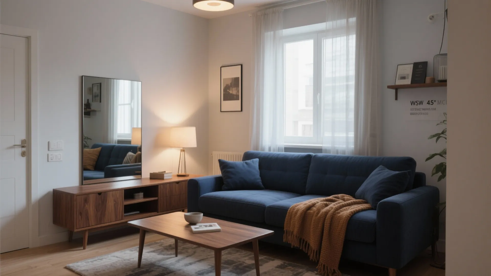 1. Anchored Navy Sofa with Walnut Accents