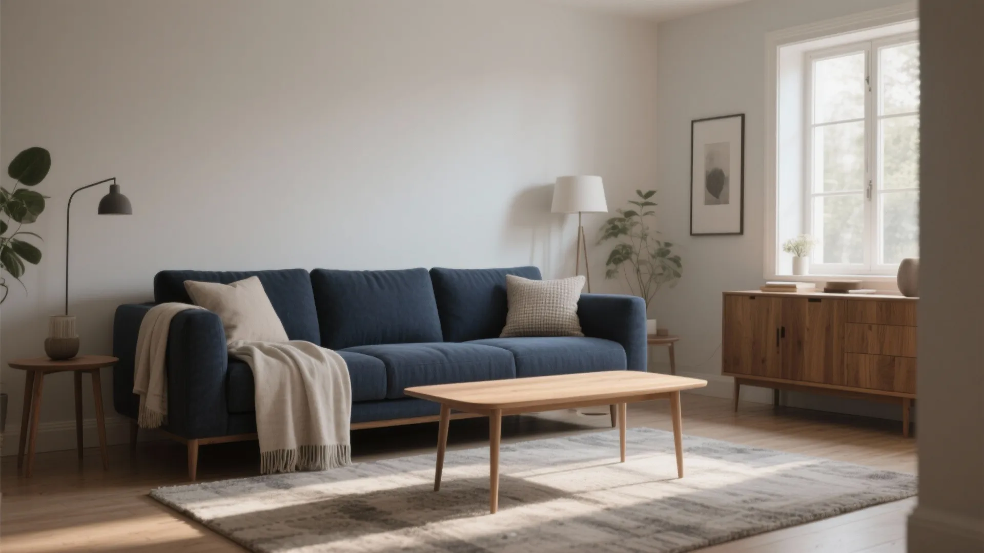1. Navy Sofa + Light Wood Accents