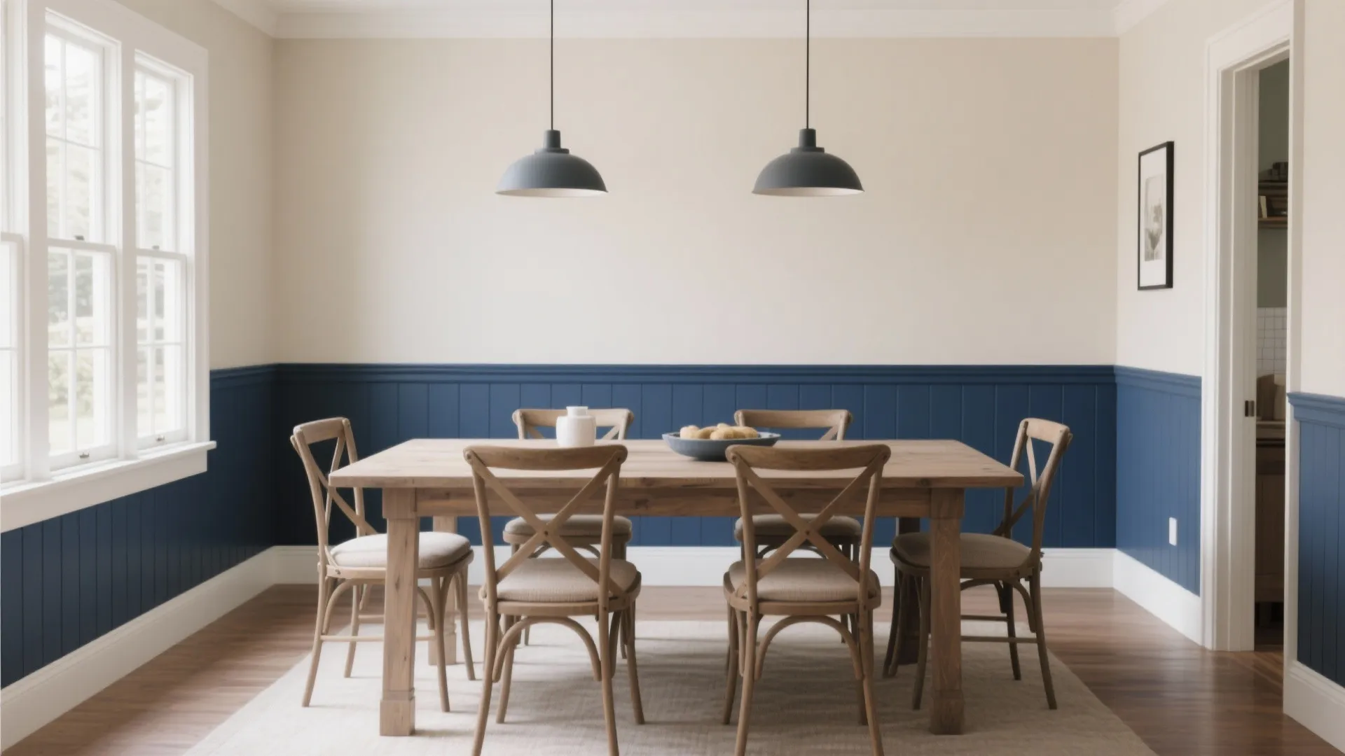 Dining room with navy blue below chair rail and soft beige above
