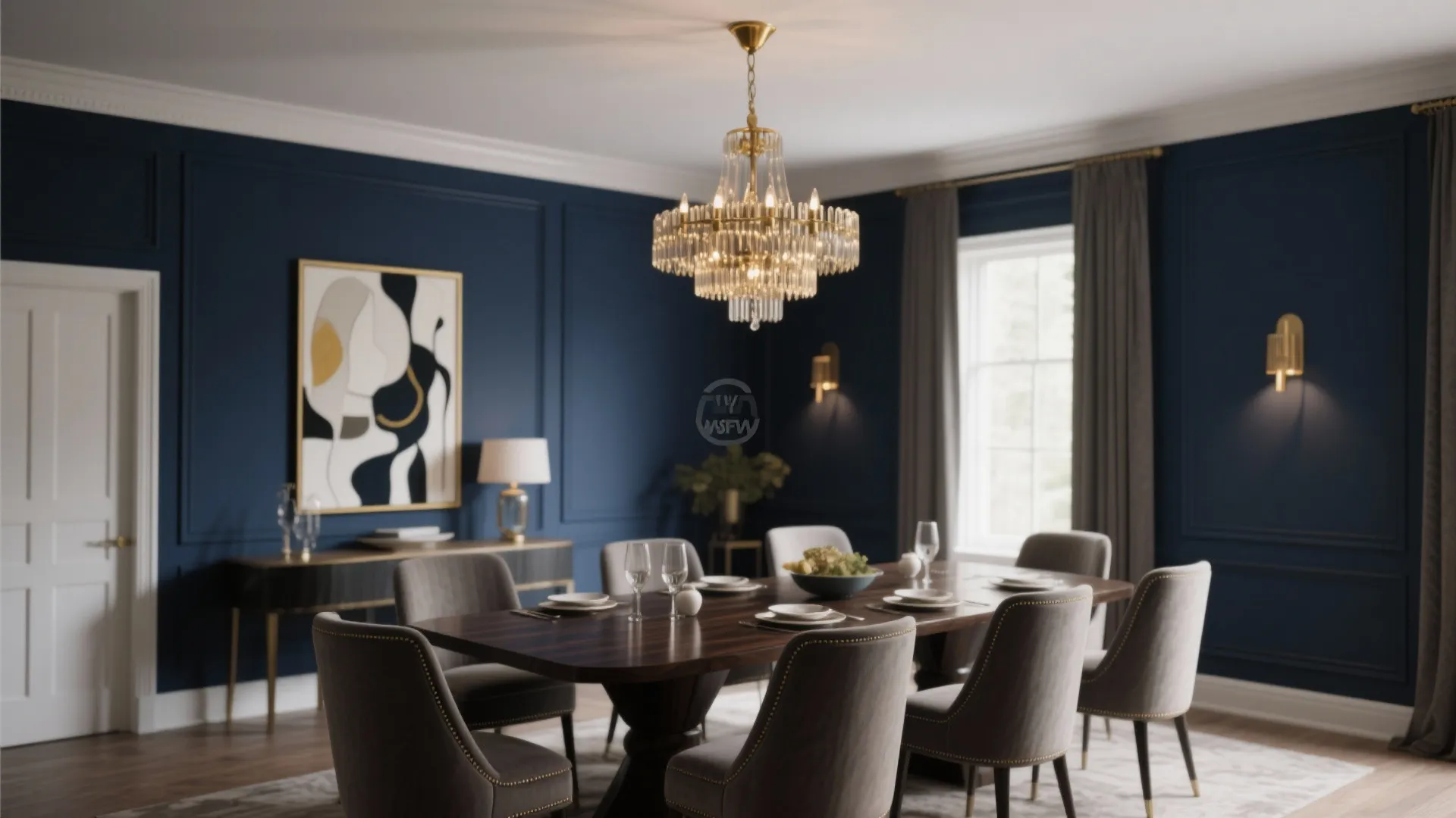 Elegant navy dining room with brass lighting