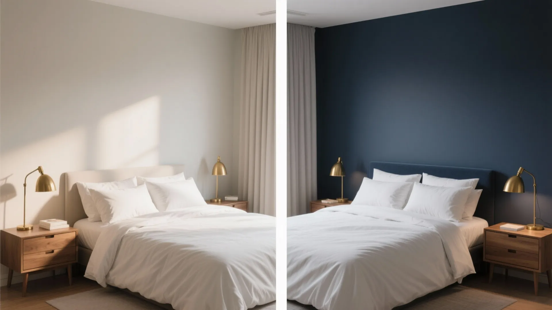 Before and after comparison of a light grey bedroom versus a dark navy blue bedroom
