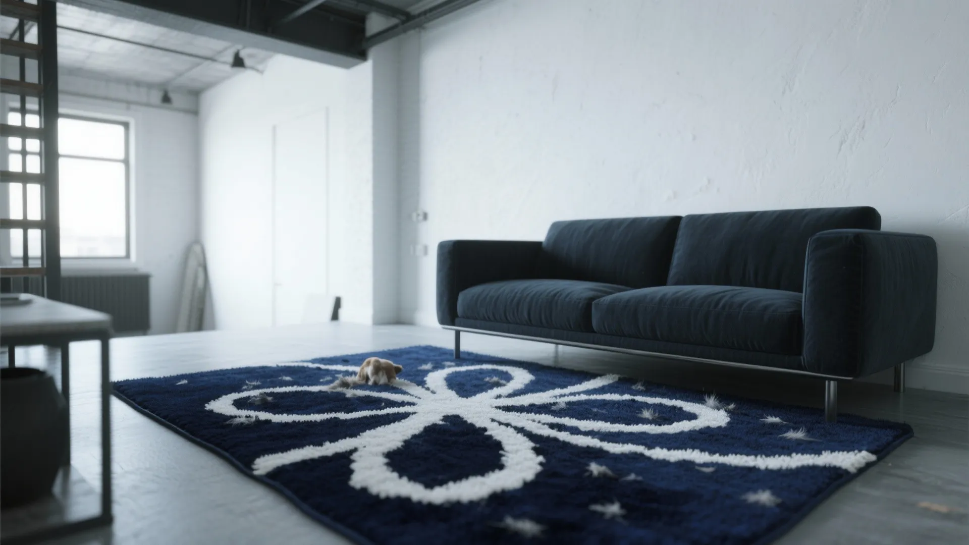 Navy blue sofa against white wall with floral patterned rug on light wooden floor interior design