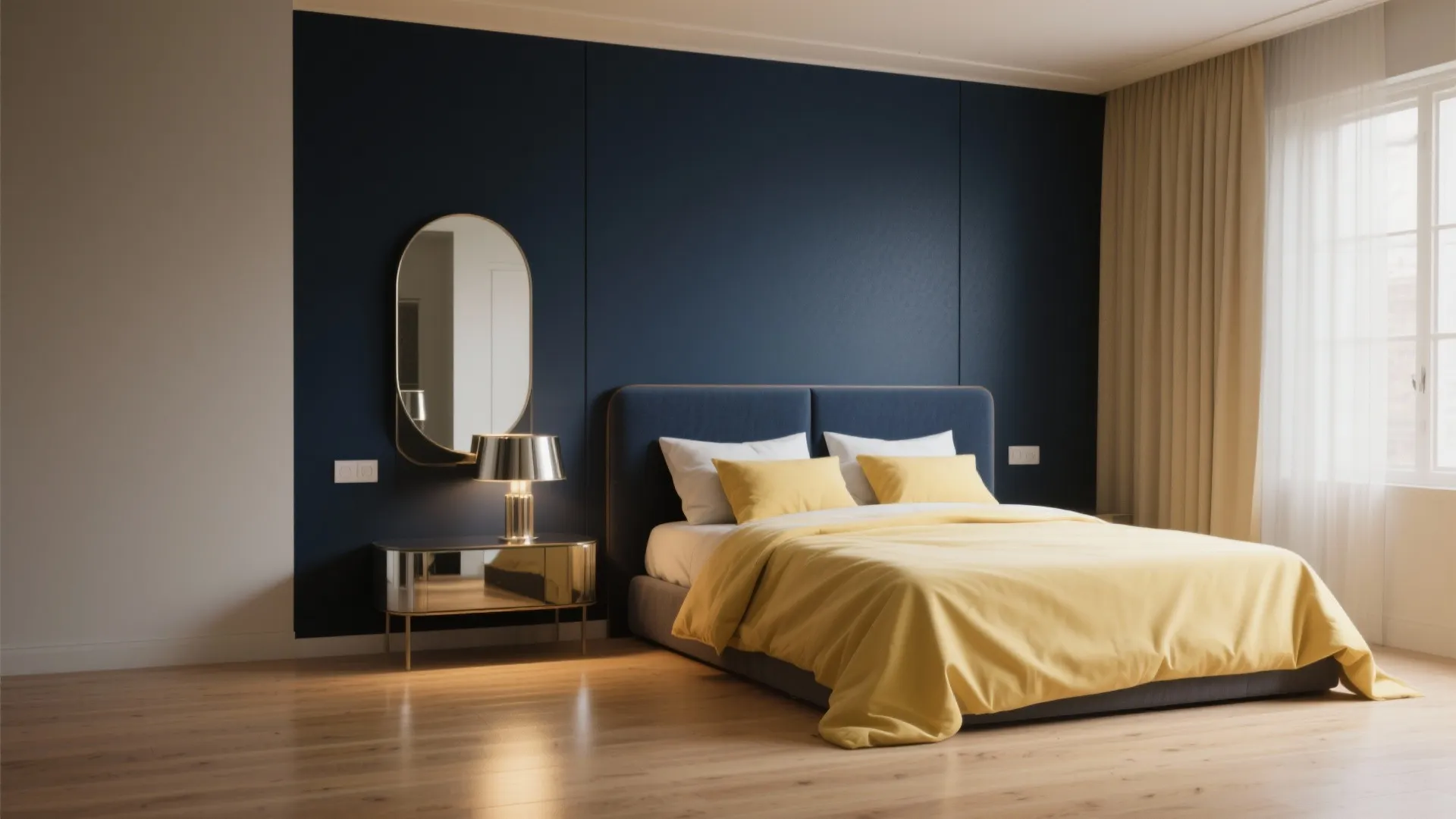 2. Deep Navy Statement Wall and Pale Yellow Bedding