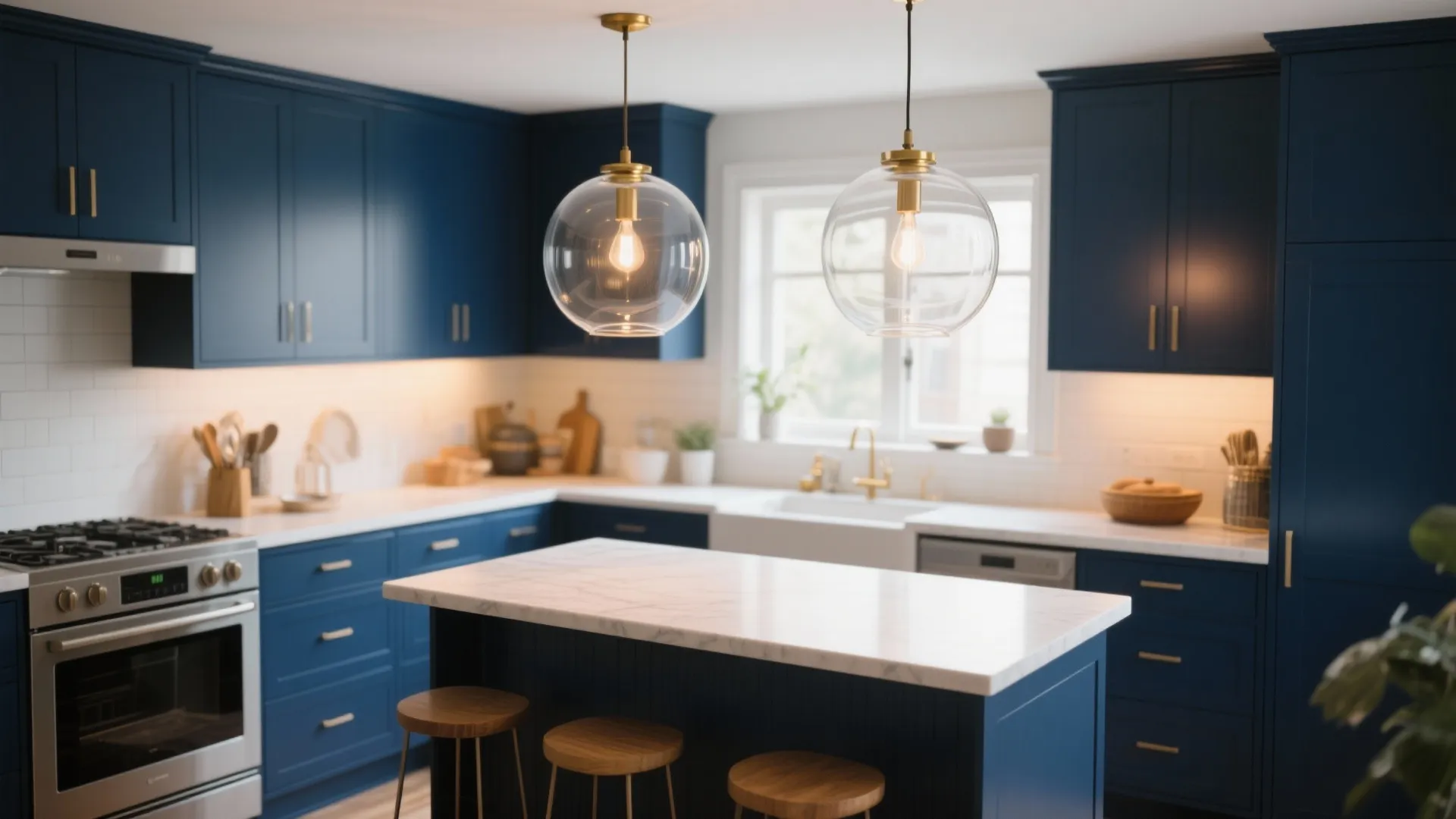 Modern blue kitchen with marble island, wooden stools, glass ceiling lights, and white tile backsplash