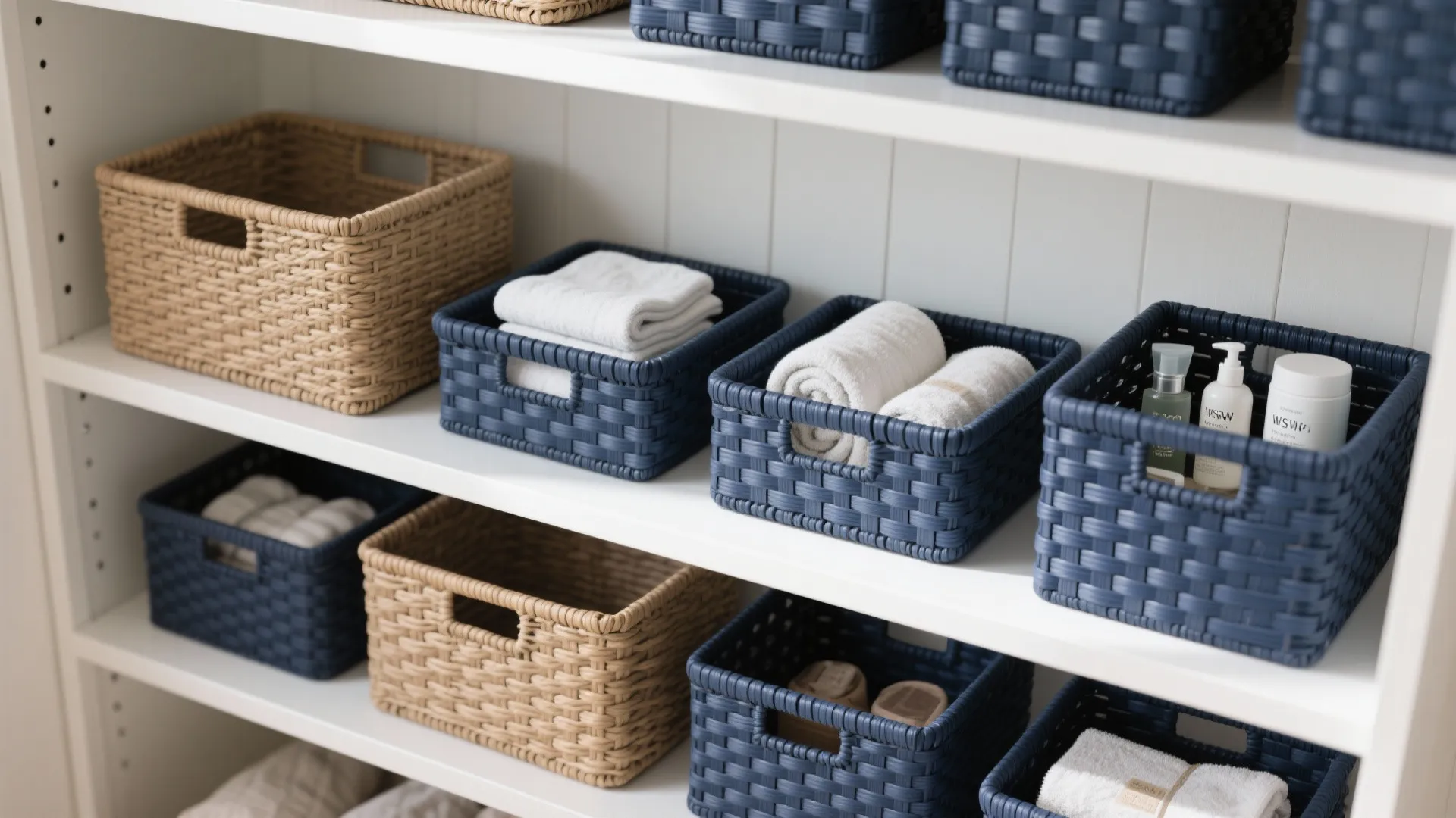 Navy woven storage baskets on open shelving showing synthetic and natural weave textures.
