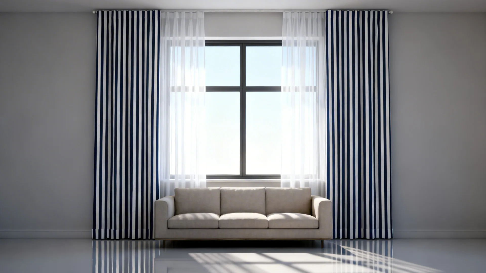 Living room with bold navy-and-white striped curtains layered with white sheers, neutral sofa below.