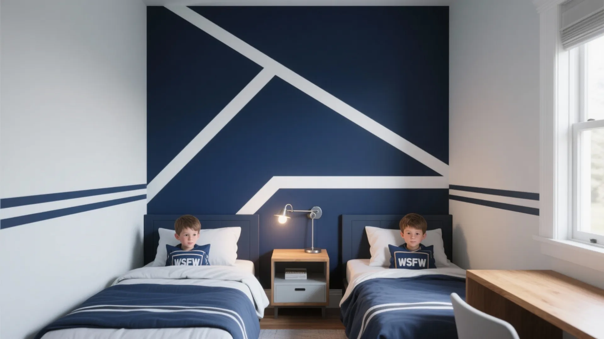 Navy Accent Wall with Geometric Stripes