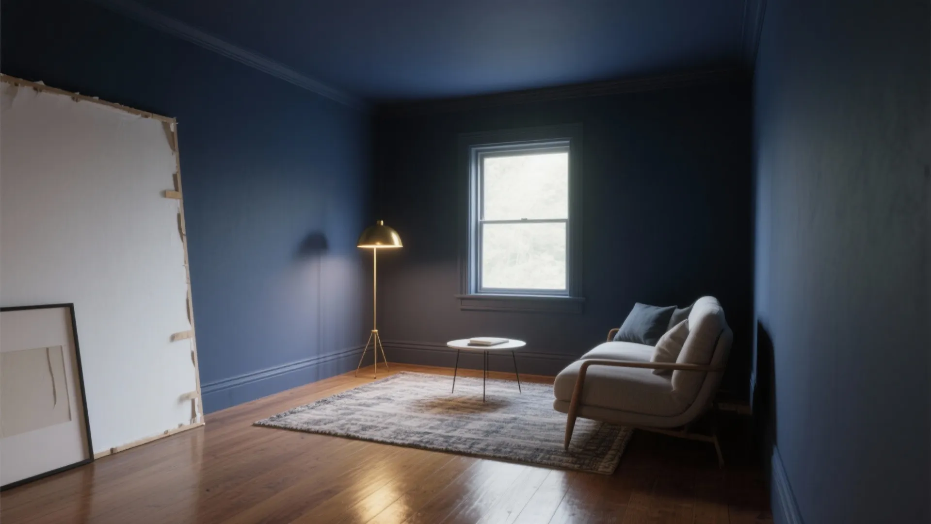 Dark blue studio room featuring a gold floor lamp beside a sofa and small table