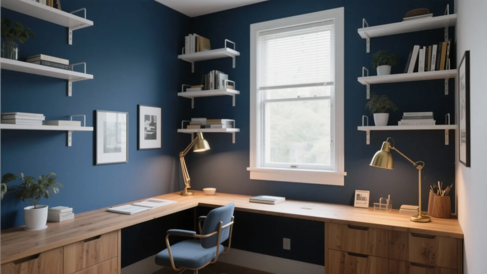 Modern home office with navy blue walls, wood desk, blue chair, white shelves, and window