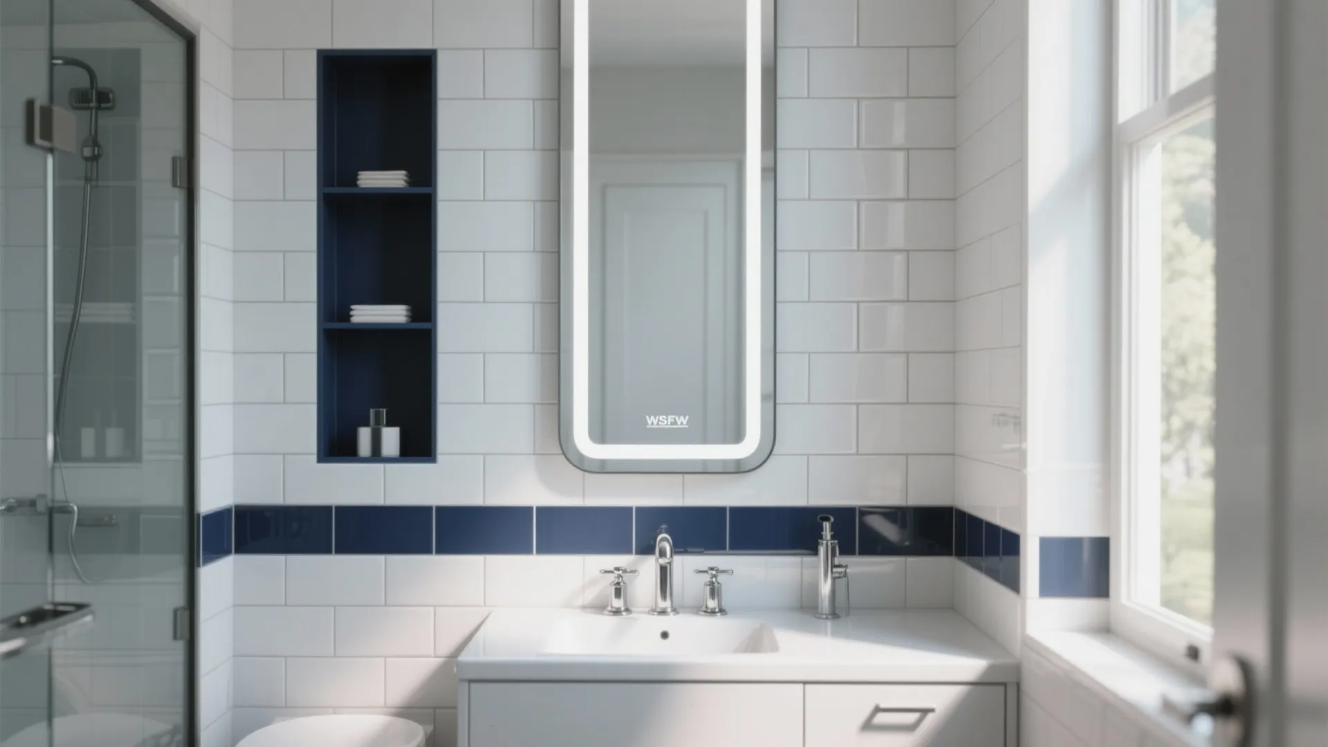 Modern bathroom featuring white wall tiles with blue stripe and a vertical lighted wall mirror