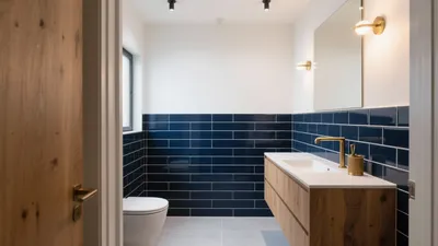 Modern Bathroom with Navy Blue Tiles and Wood Vanity