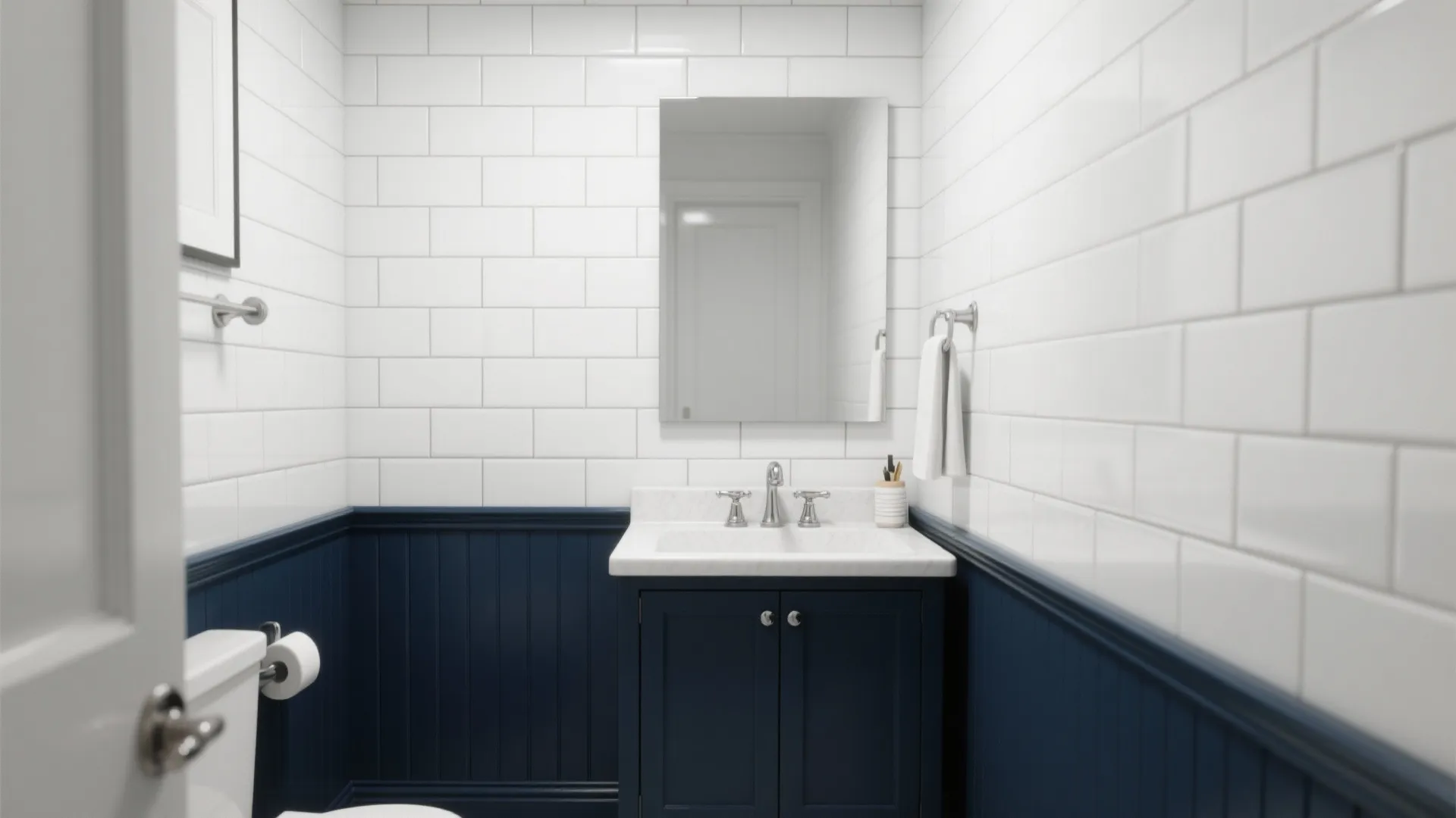 Deep Navy Accents with Crisp White Subway