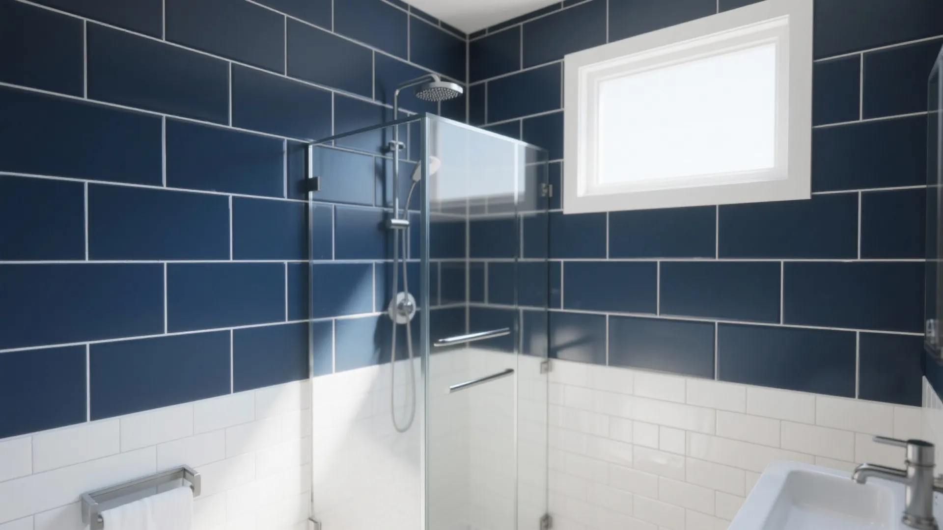 Navy subway tiles with white grout