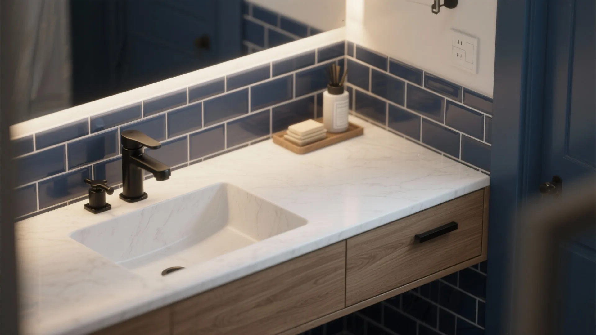 2. Feature Wall of Navy Subway Tiles