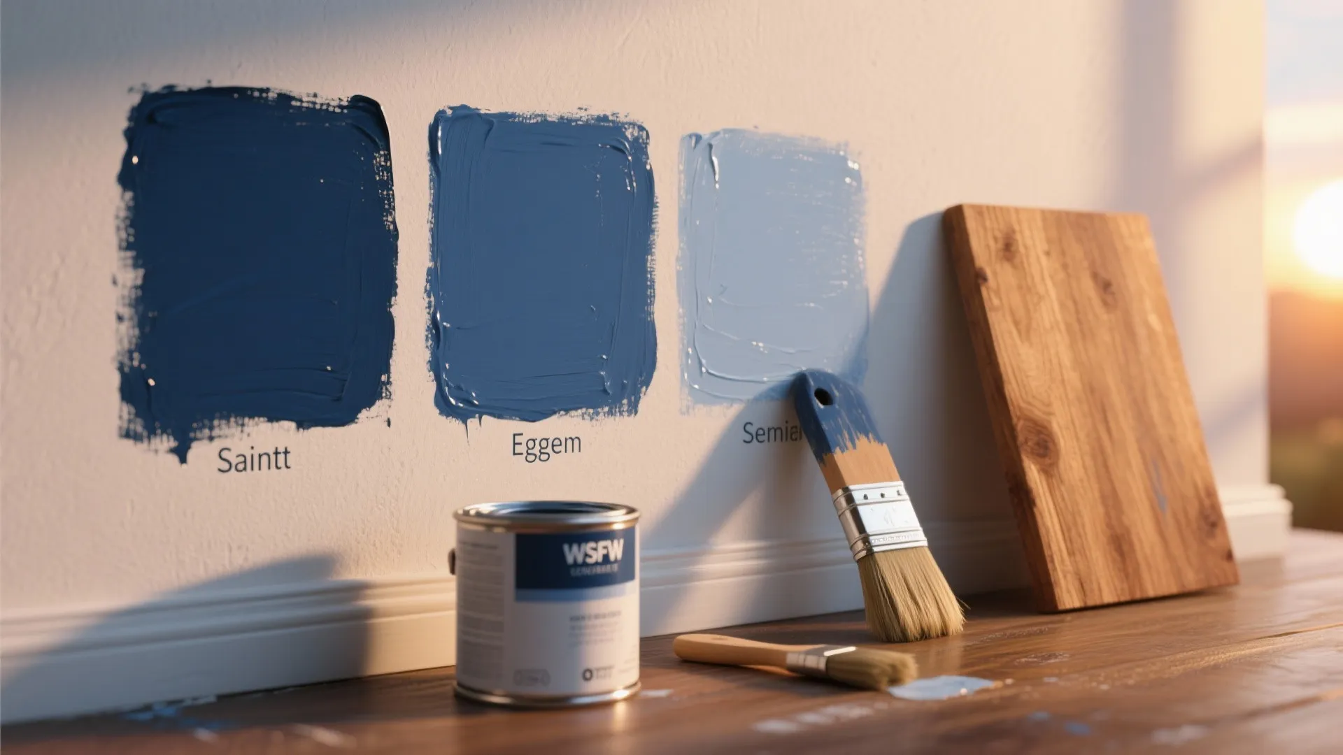 Three blue paint swatches on white wall with paint bucket brushes and wood flooring piece