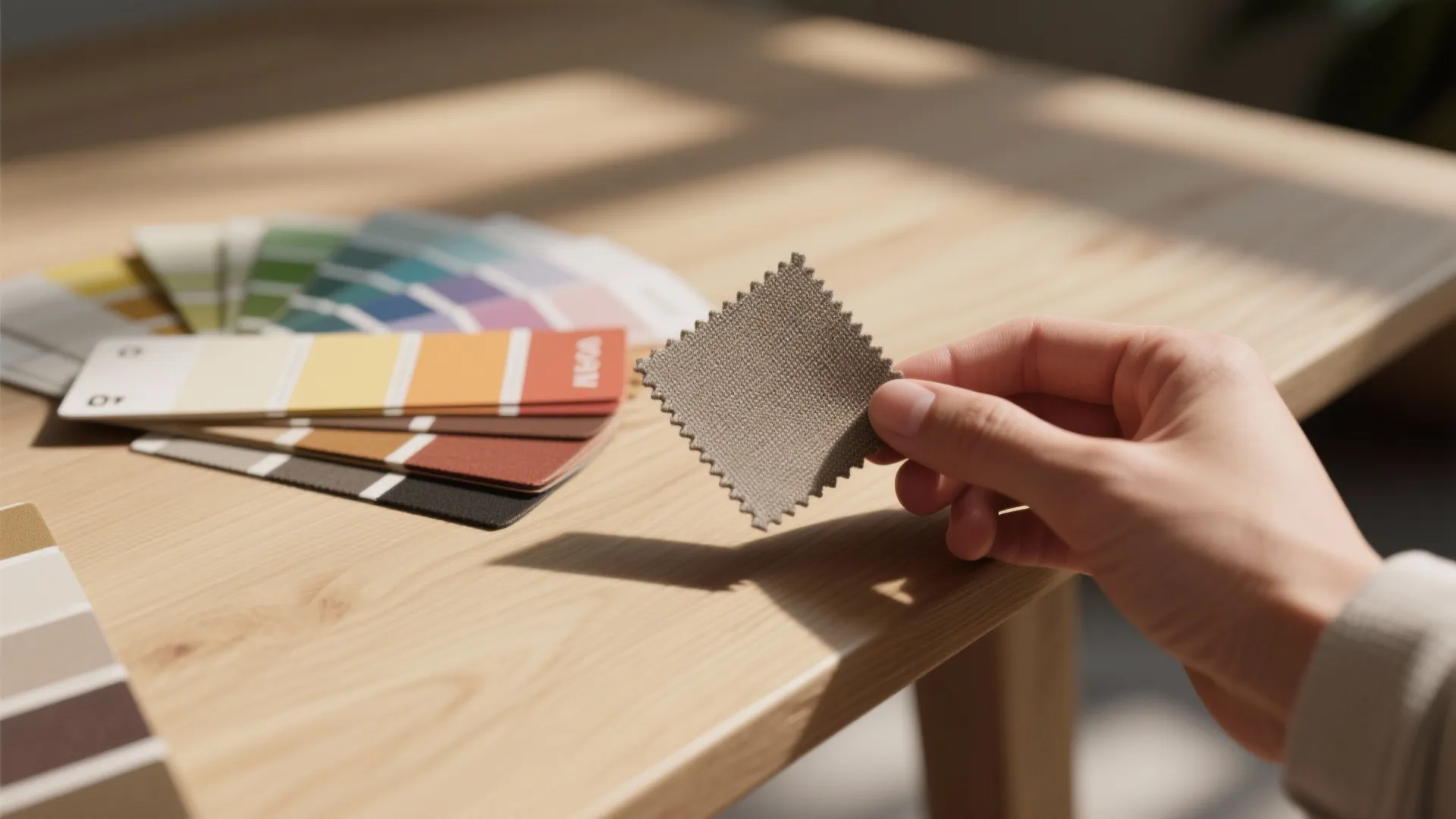 Hand holding a small grey fabric sample next to colorful paint swatches on wood table