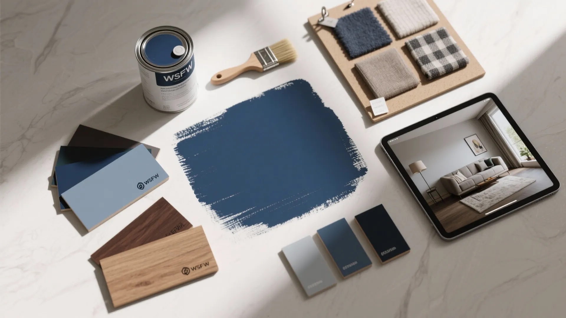Flatlay of deep navy and blue-grey paint swatches, wood samples, brushes, and a tablet with a 3D room render.