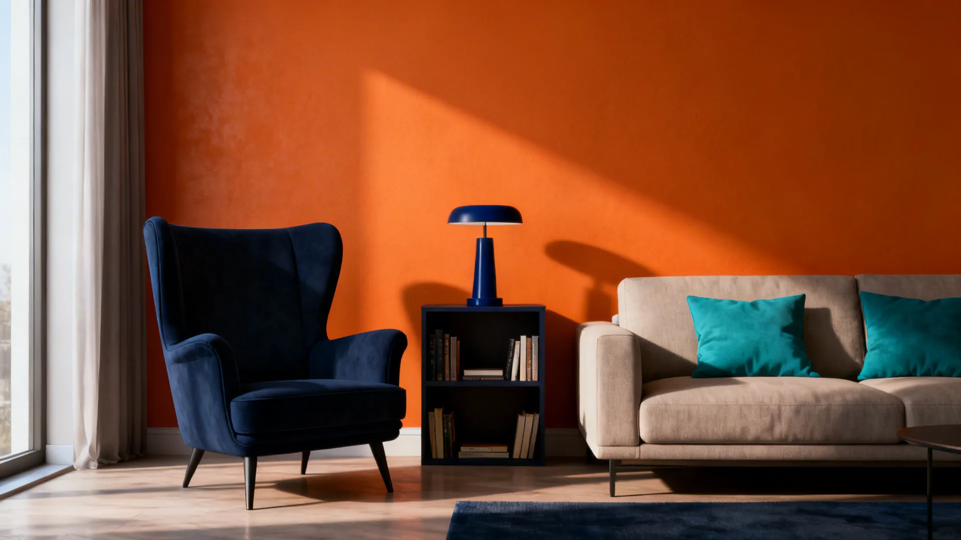 Orange wall paired with a navy armchair and teal pillows for sophisticated contrast