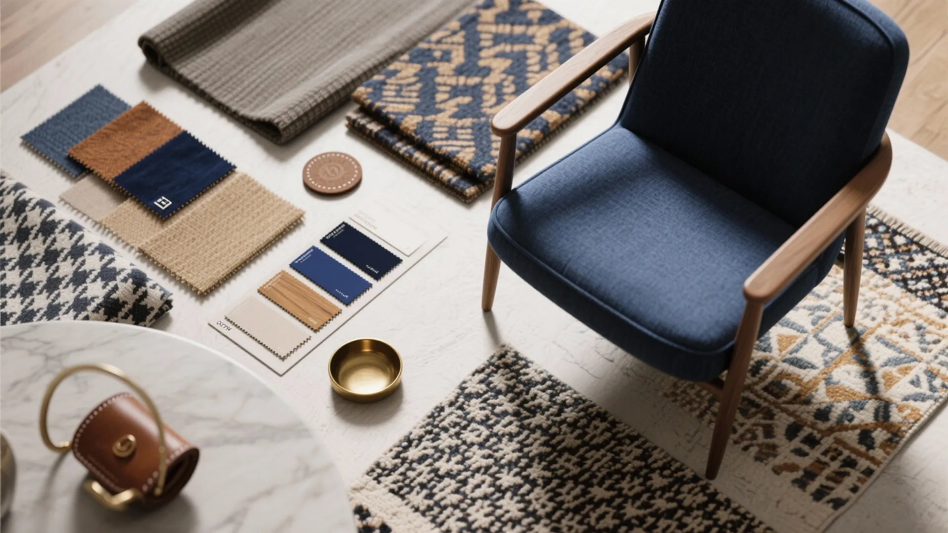 Blue chair next to fabric samples with patterned rugs and gold bowl on white floor