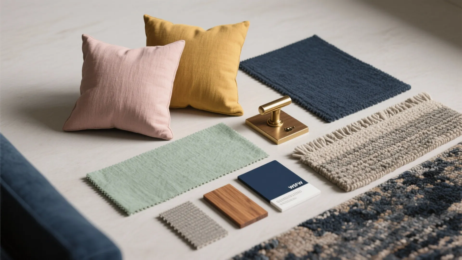 Interior design mood board with colorful fabric samples pillows wood blocks and metal hardware on floor
