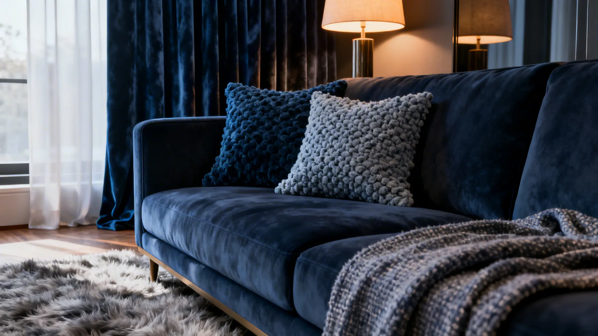 Layered textures with a navy couch, boucle pillows, velvet curtains and a wool rug in a blue-gray palette.