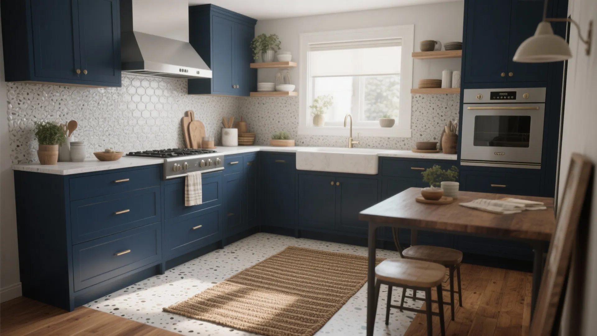 Navy kitchen balanced with textured backsplash, woven rug and warm wood flooring