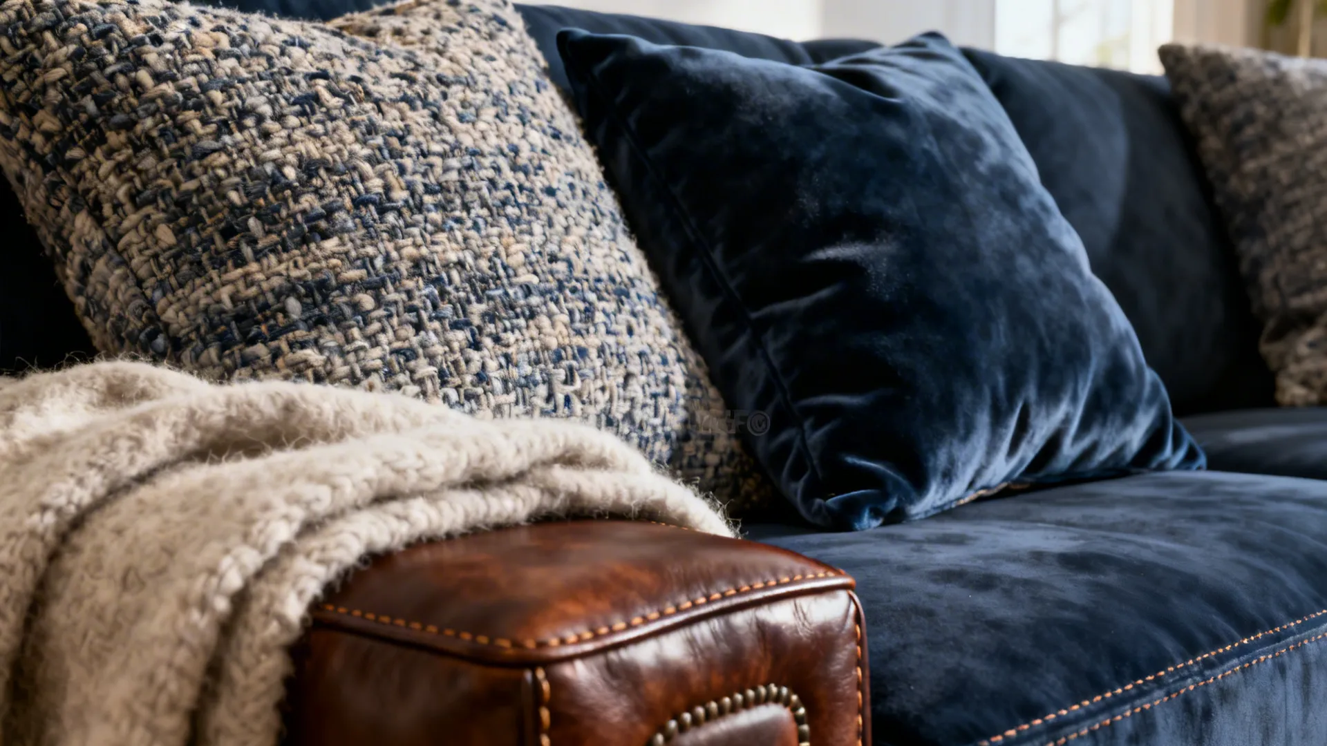 Close up of navy blue sofa with woven pillows and brown leather armrest with blanket