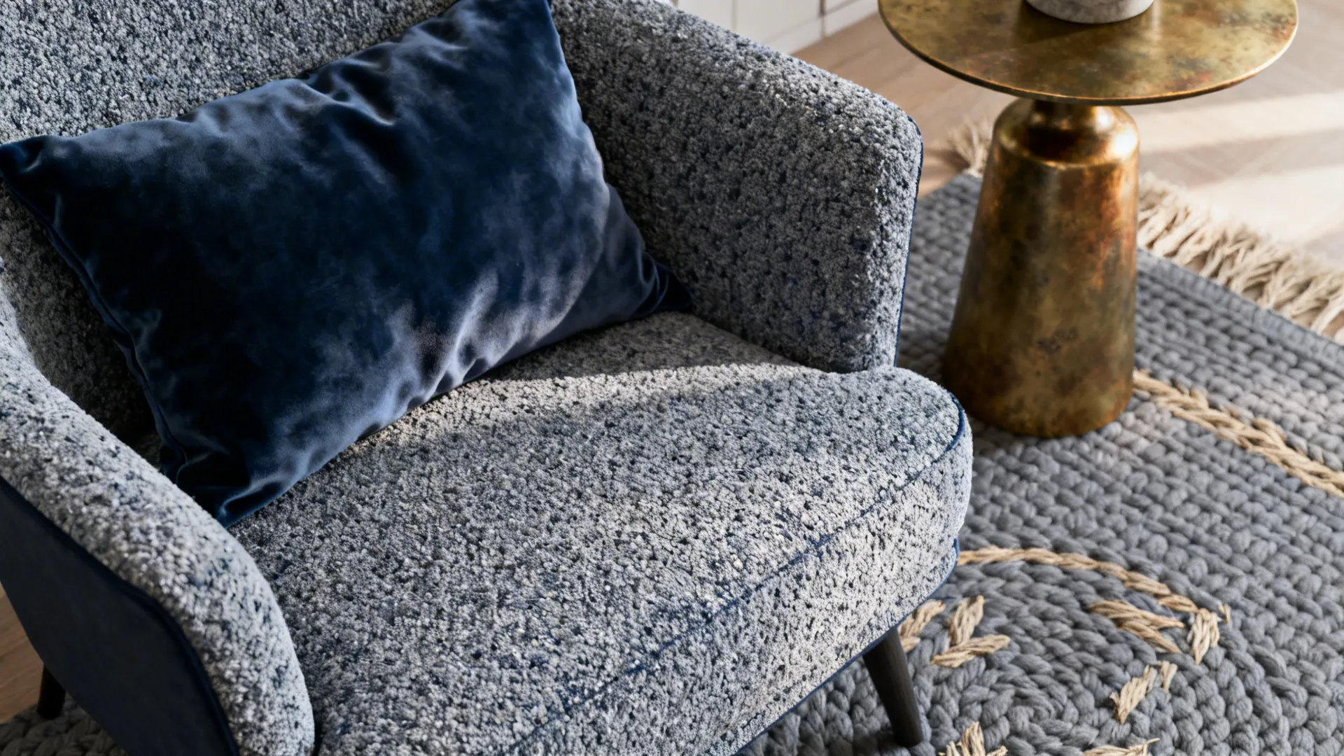 Close-up of boucle chair, velvet navy cushion, woven grey rug and brass accents for texture contrast.