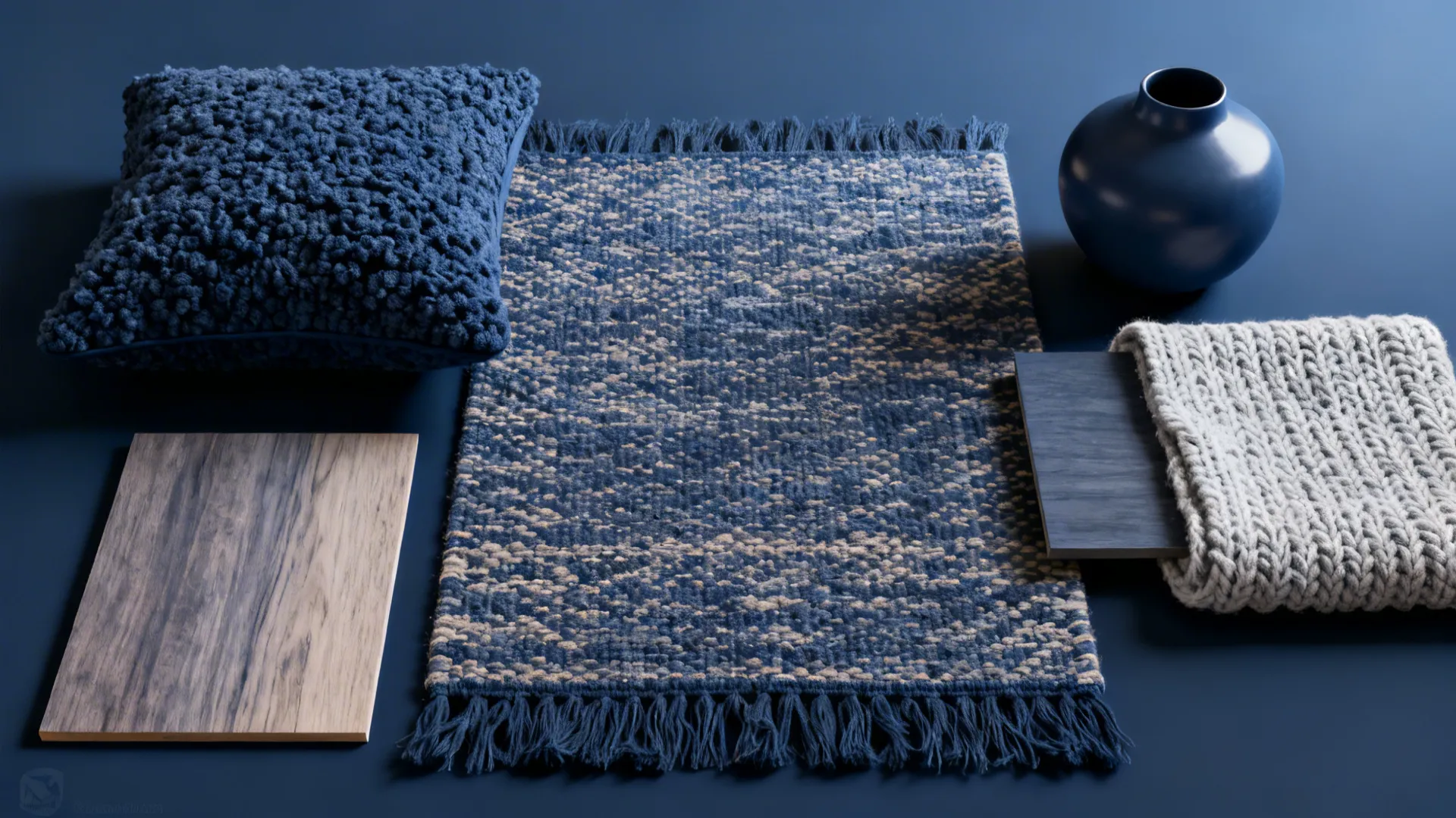 Flatlay of boucle, woven rug, knit throw and ceramic samples on a navy backdrop.