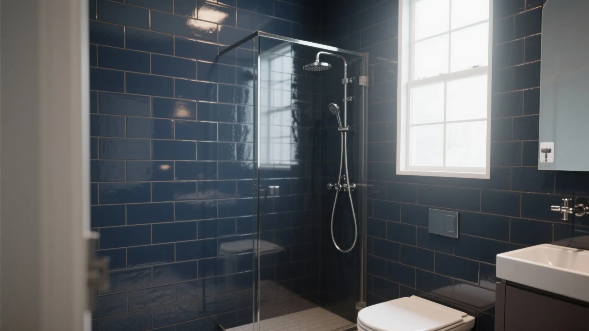 Small modern bathroom featuring navy blue wall tiles glass shower enclosure and white toilet seat