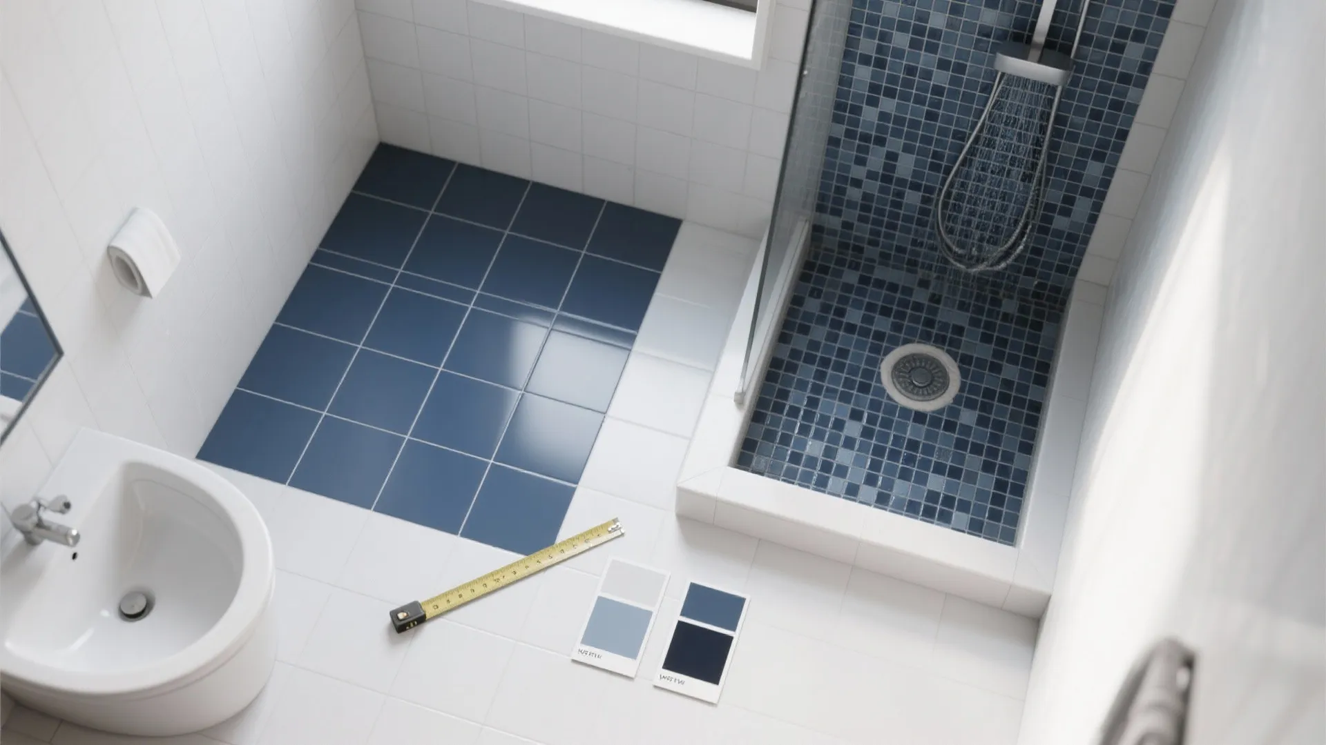 Top view of bathroom showing blue floor tiles shower area and color swatches with ruler