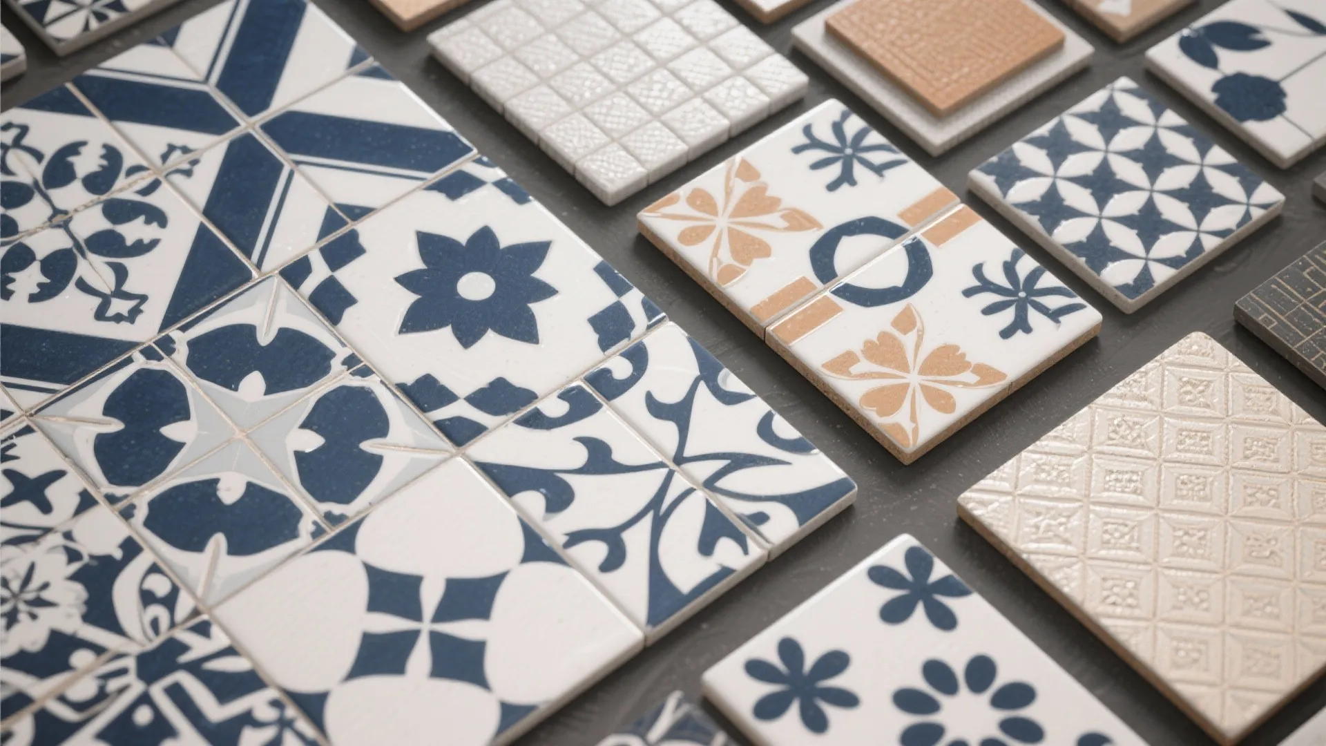 Collection of patterned floor tiles in navy blue and beige colors with various floral designs