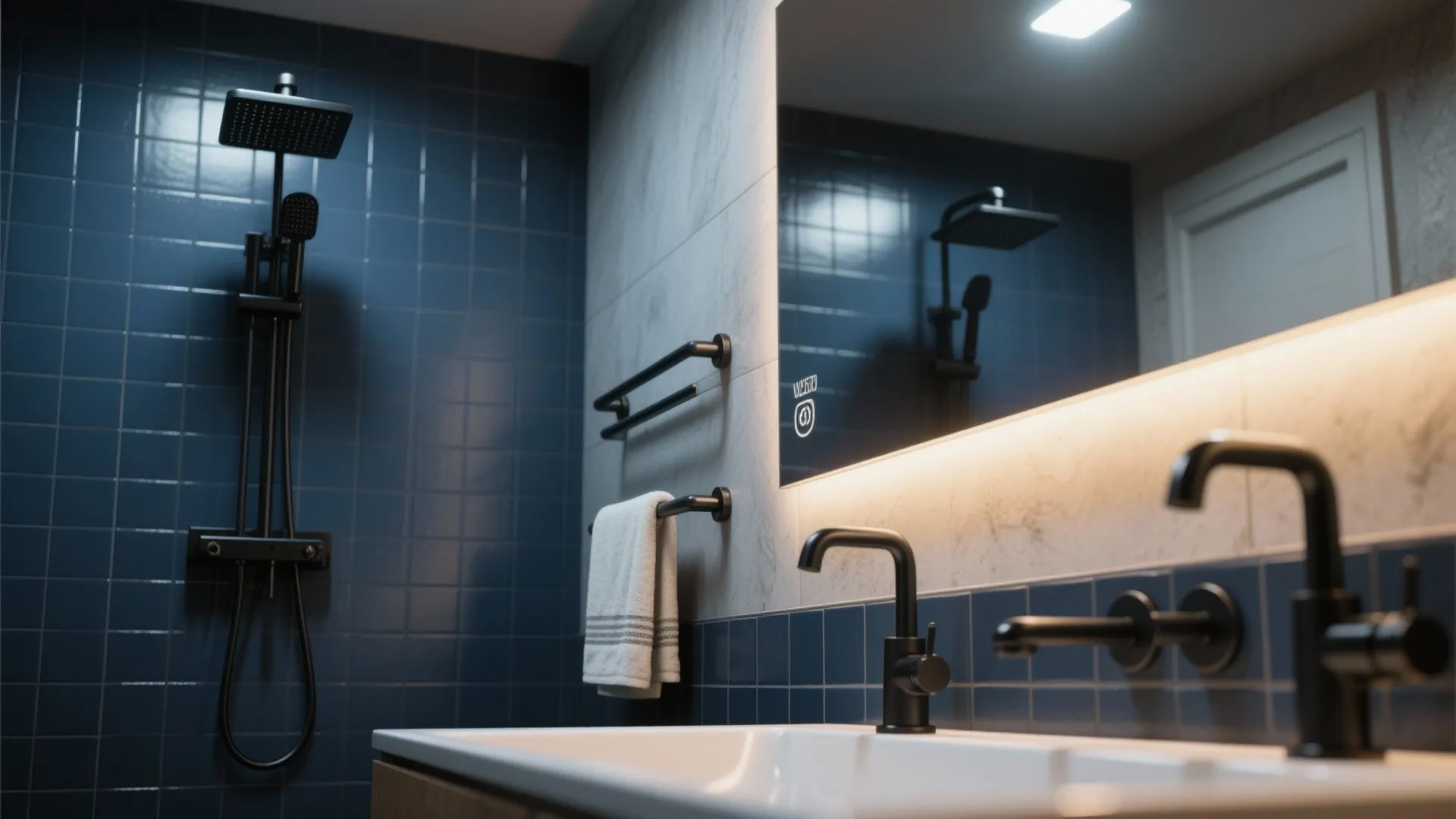 1. Matte Black Fixtures with Deep Navy Tiles