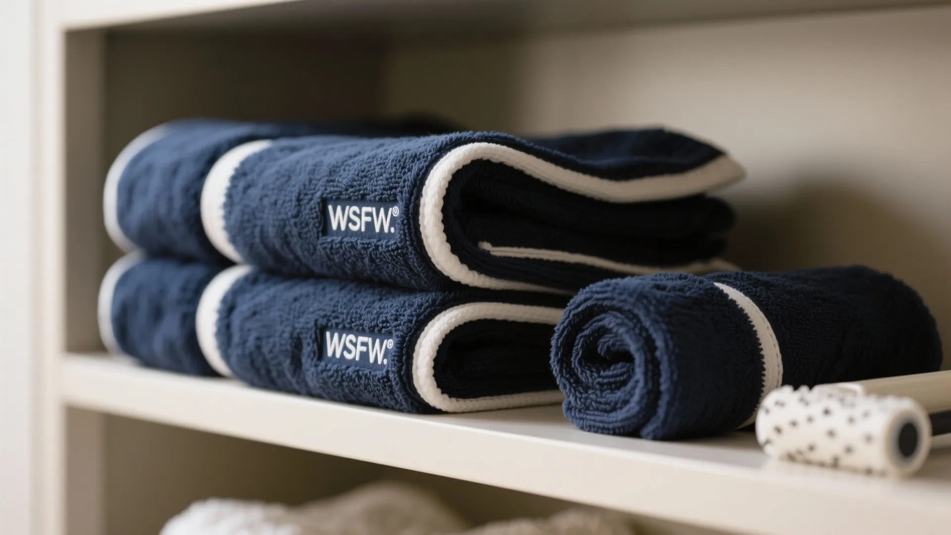 1. Navy towels with contrasting white piping