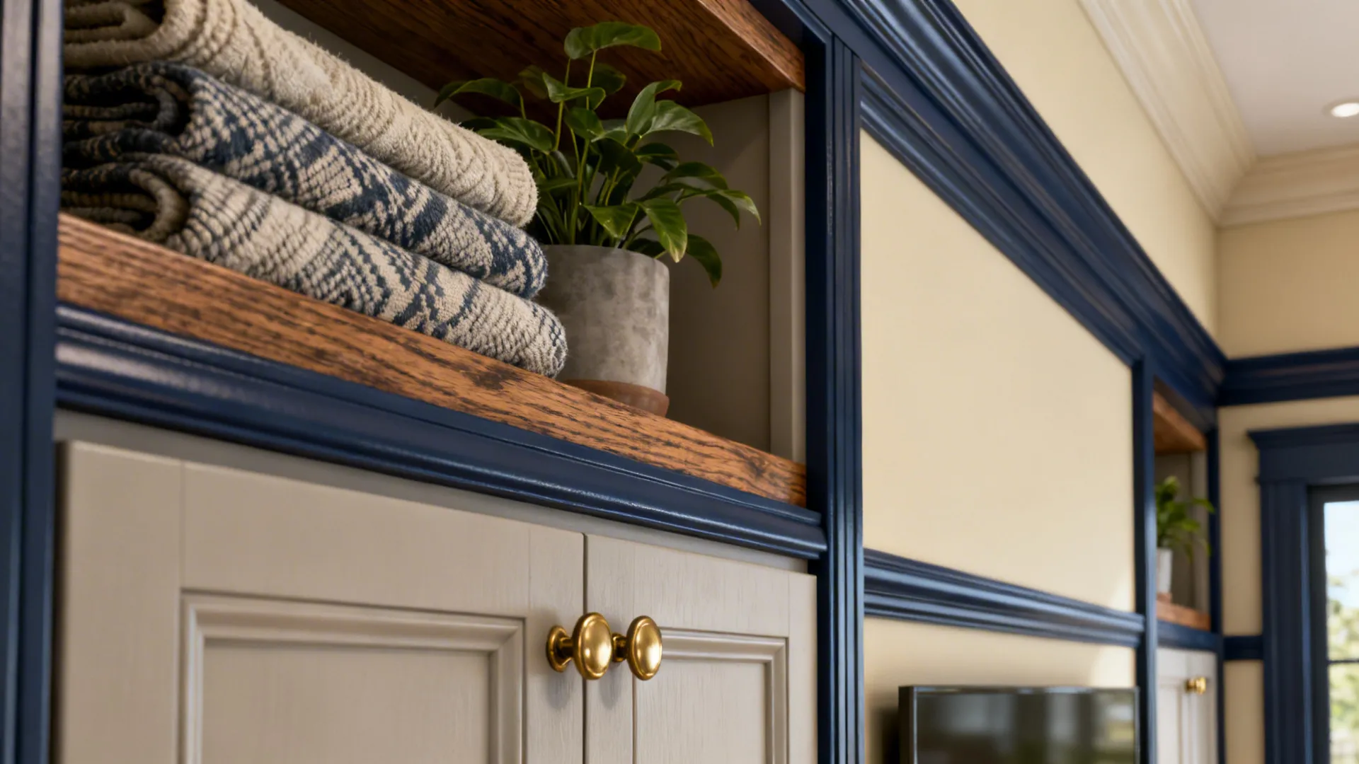 Navy trim and built-in shelves framed by cream walls with textured decor and plants.