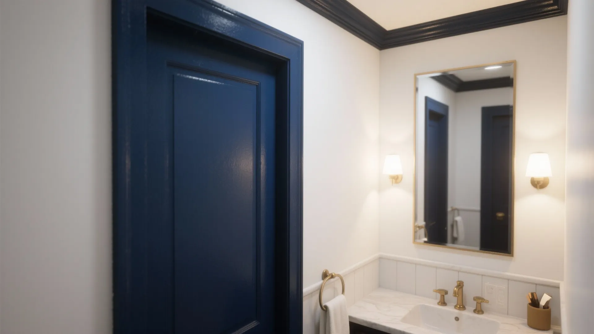 5. Navy Trim and White Walls for Subtle Drama
