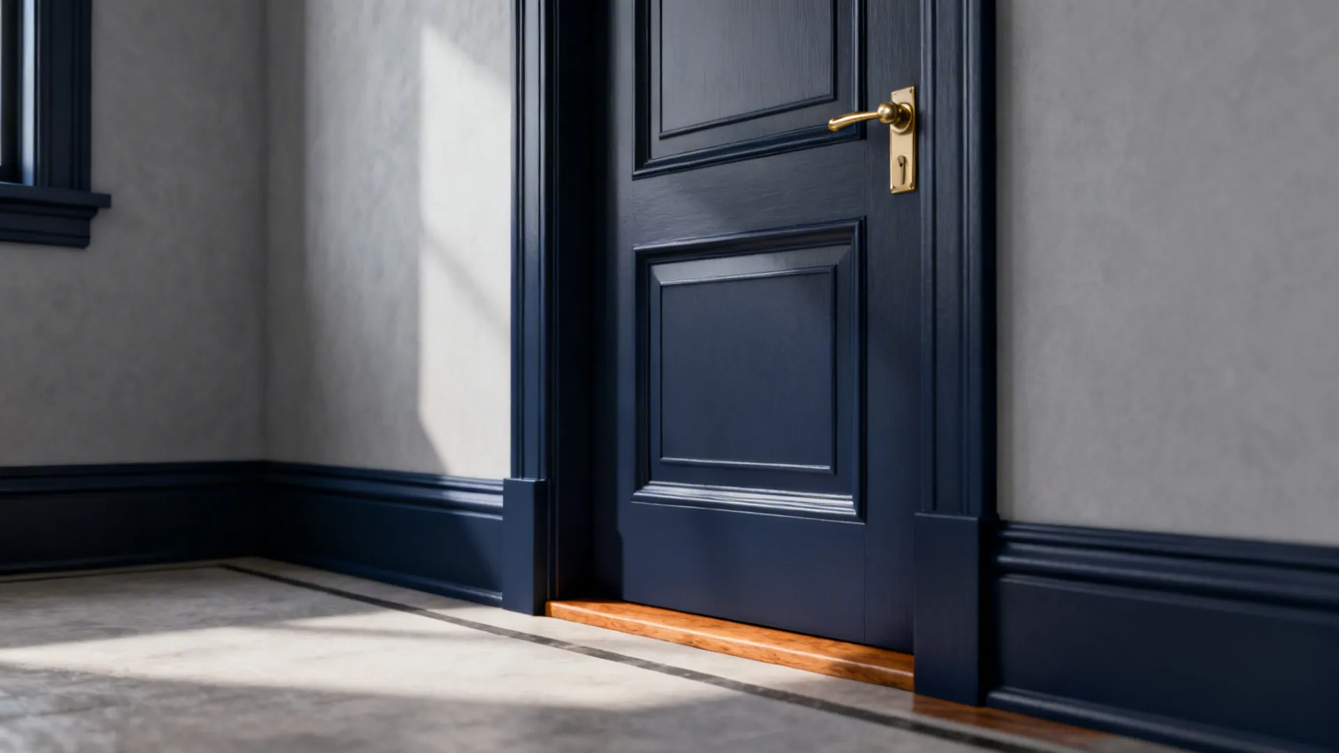Soft grey walls contrasted by deep navy trim and a navy-painted door with brass hardware.