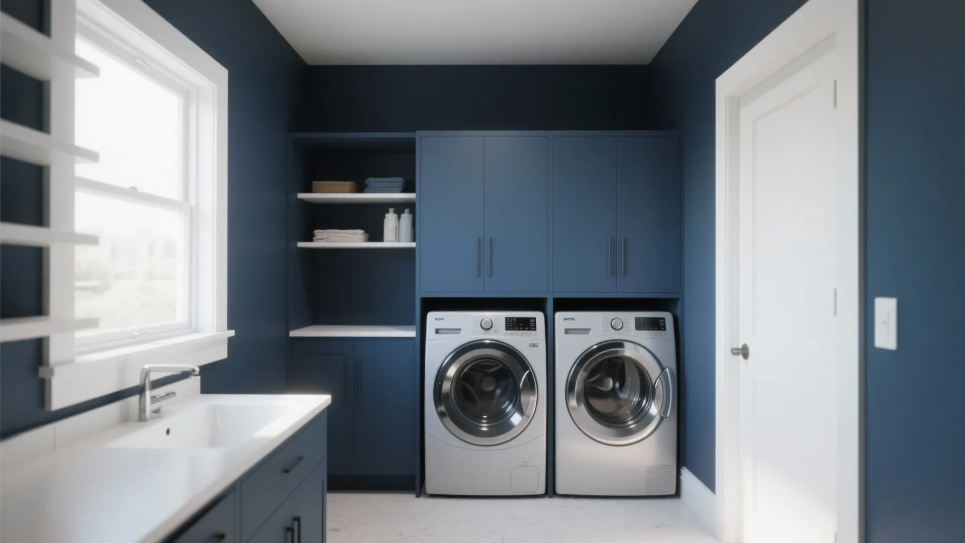 Modern laundry room with navy blue walls, white sink, and silver washing machine and dryer