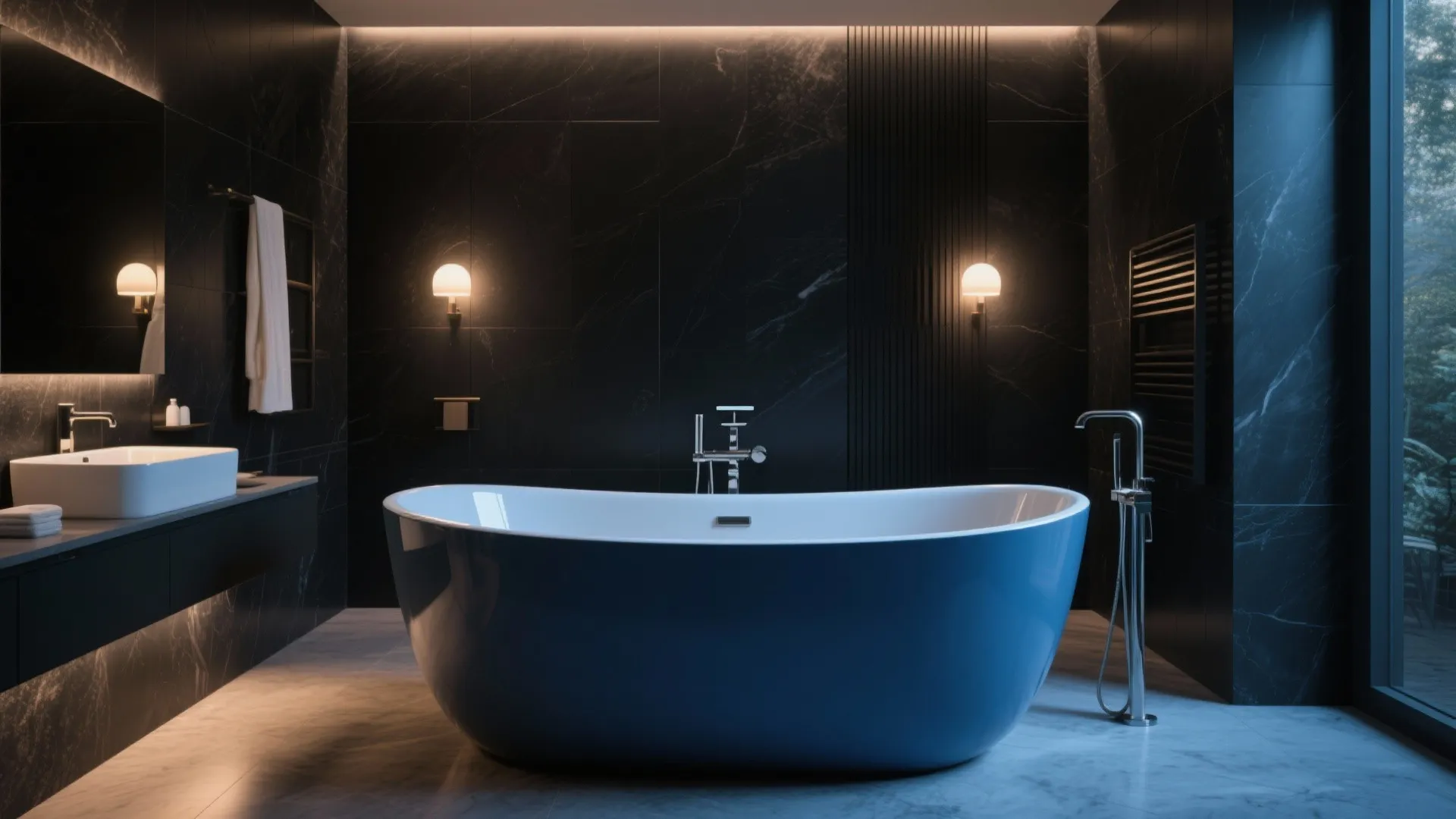 Modern dark bathroom with blue bathtub and black marble walls and white sink and light
