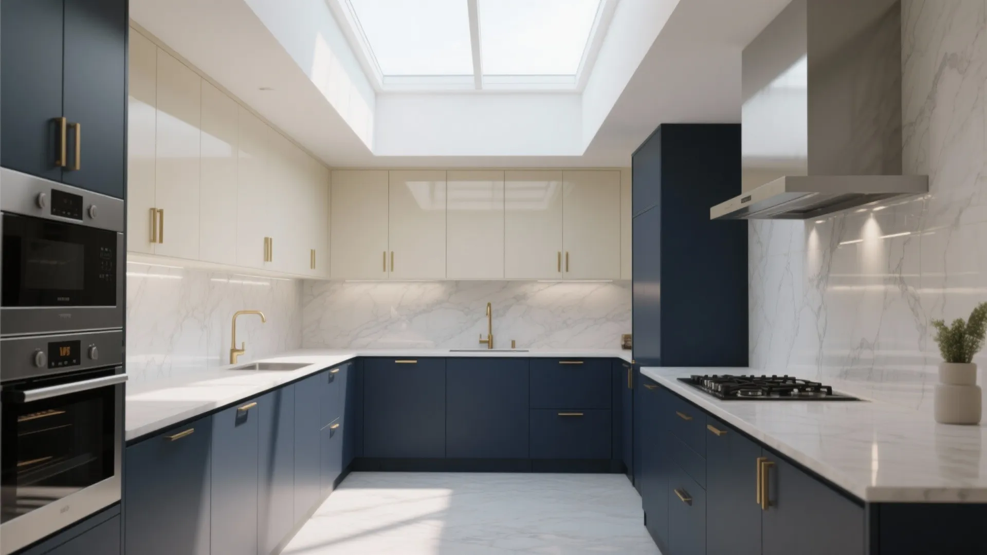 Modern kitchen with navy blue lower cabinets cream upper cabinets marble backsplash and bright skylight